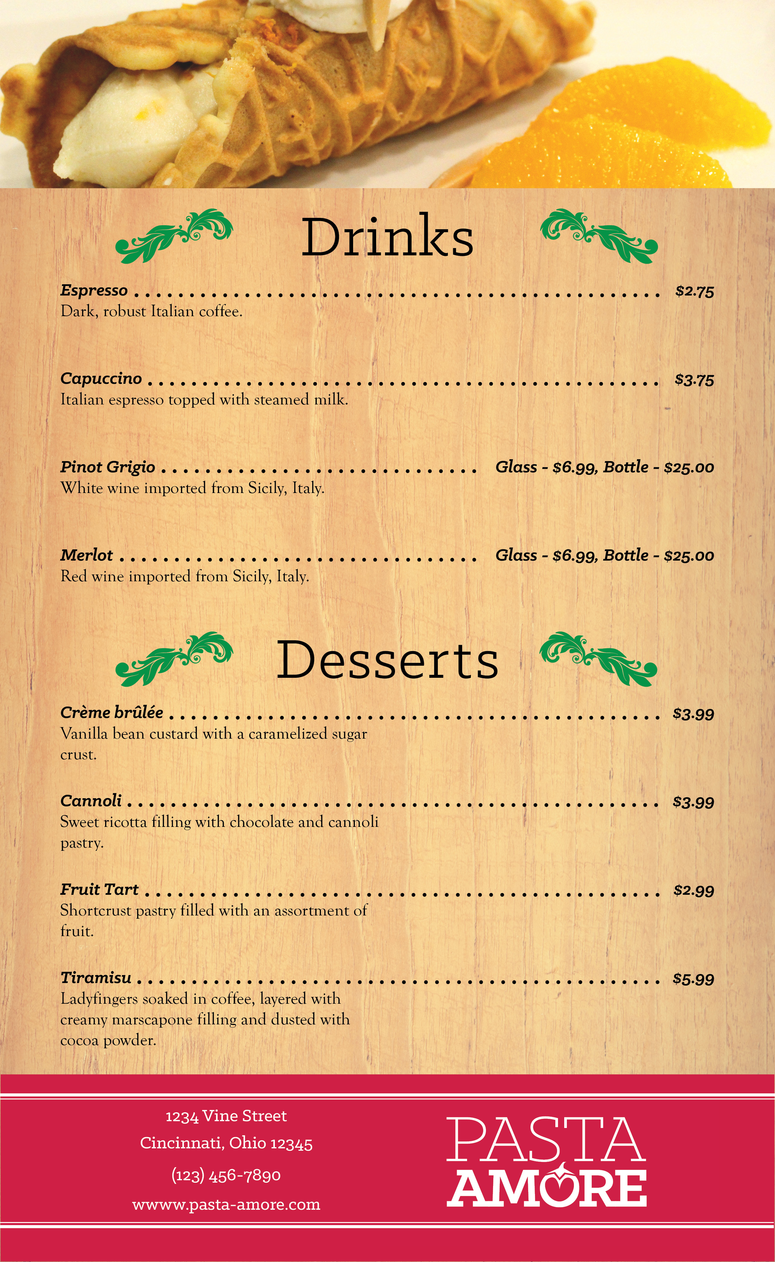 Pasta Amore Menu Side B